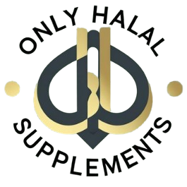 Logo for 'Only Halal Supplements' with a stylized crescent and star design on a white background.